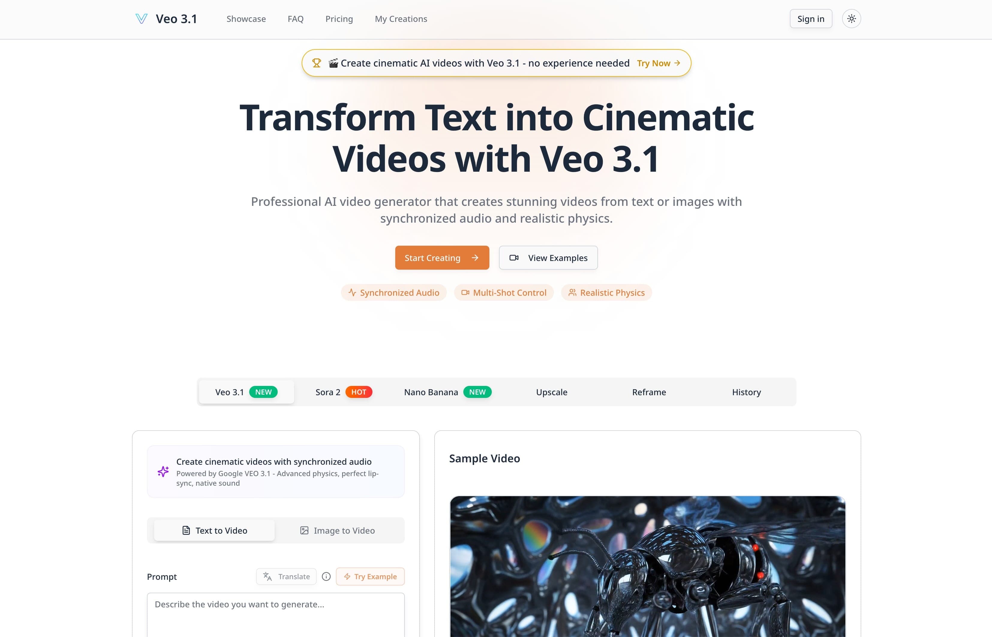 Veo 3.1Veo 3.1 - Cinematic AI Video Generator with Audio banner